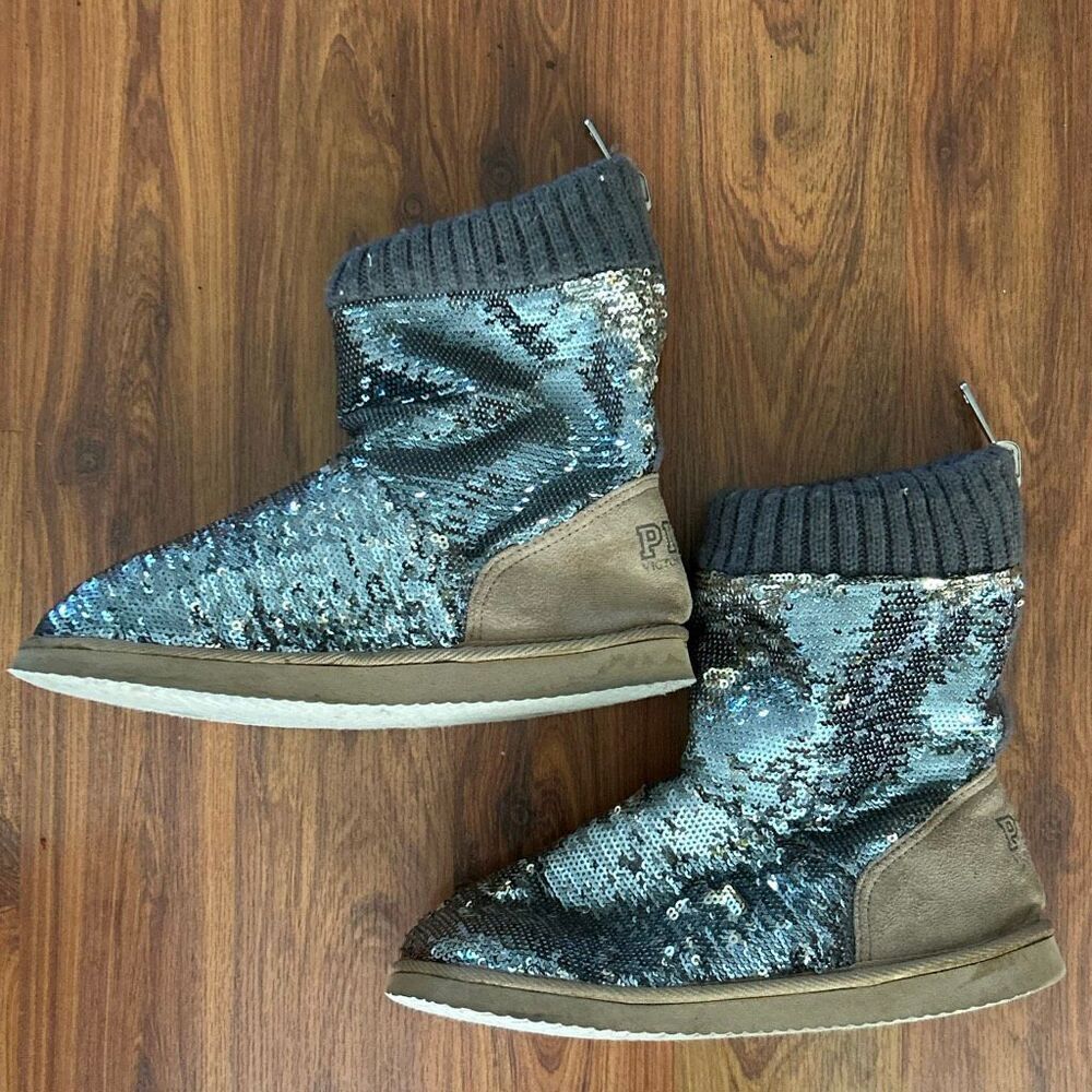 PInK Victoria's Secret silver sequins fur lined booties boots size 8